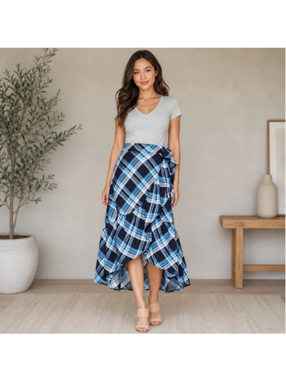 Lauren Ralph Lauren Blue Plaid Linen Blend Wrap Midi Skirt Bow Tie Size 2 EUC